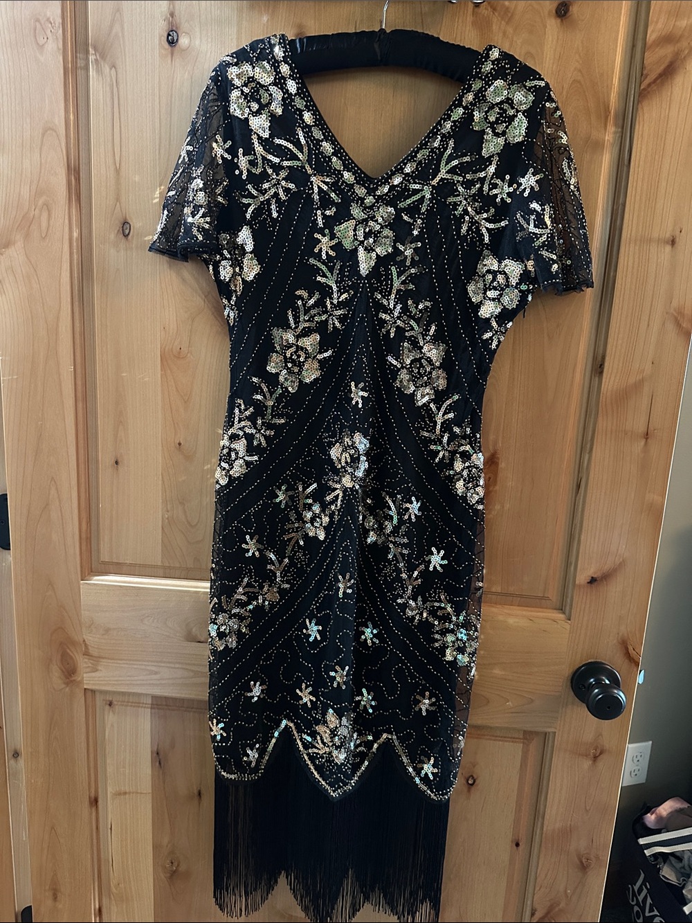 Black Beaded Floral Fringe Evening Dress